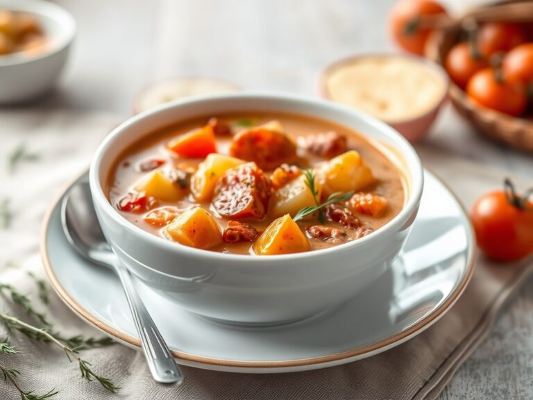 Aardappelsoep met chorizo — AI-gegenereerde illustratie