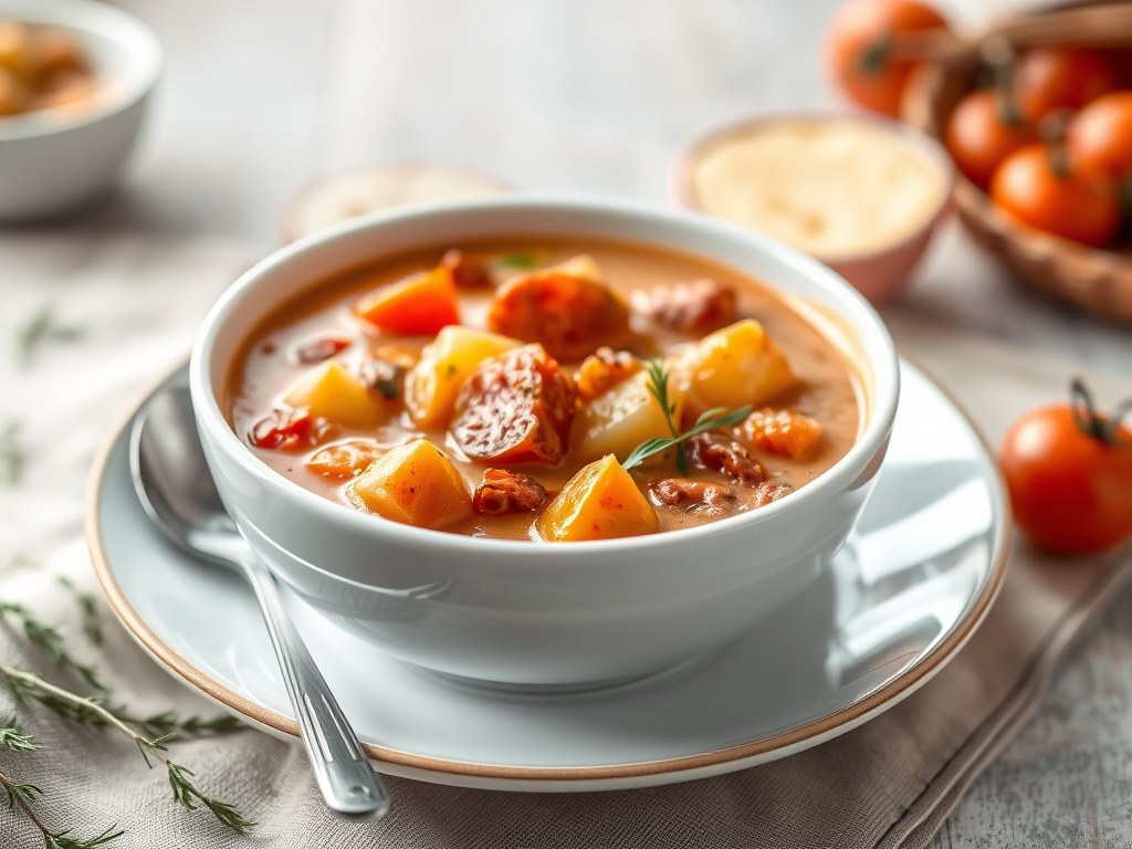 Aardappelsoep met chorizo, AI-gegenereerde illustratie