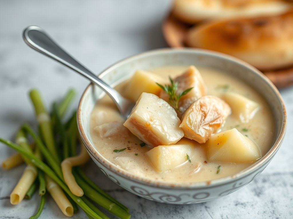 Aardappelsoep met Filet d’Anvers, AI-gegenereerde illustratie