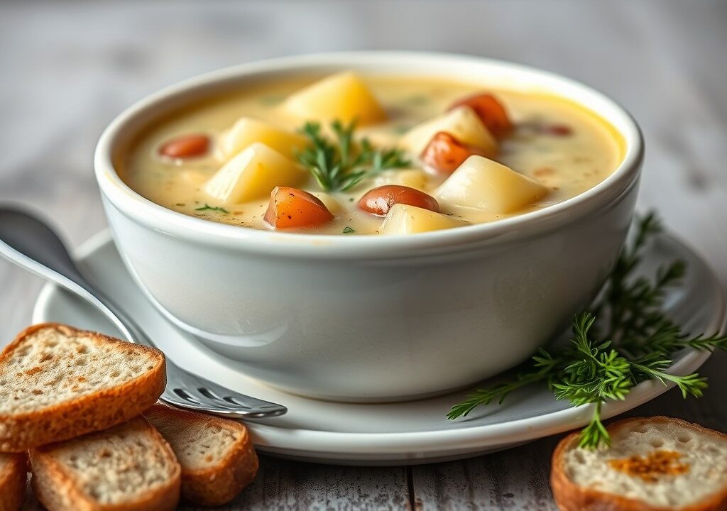 Aardappelsoep met rookworst, AI-gegenereerde illustratie