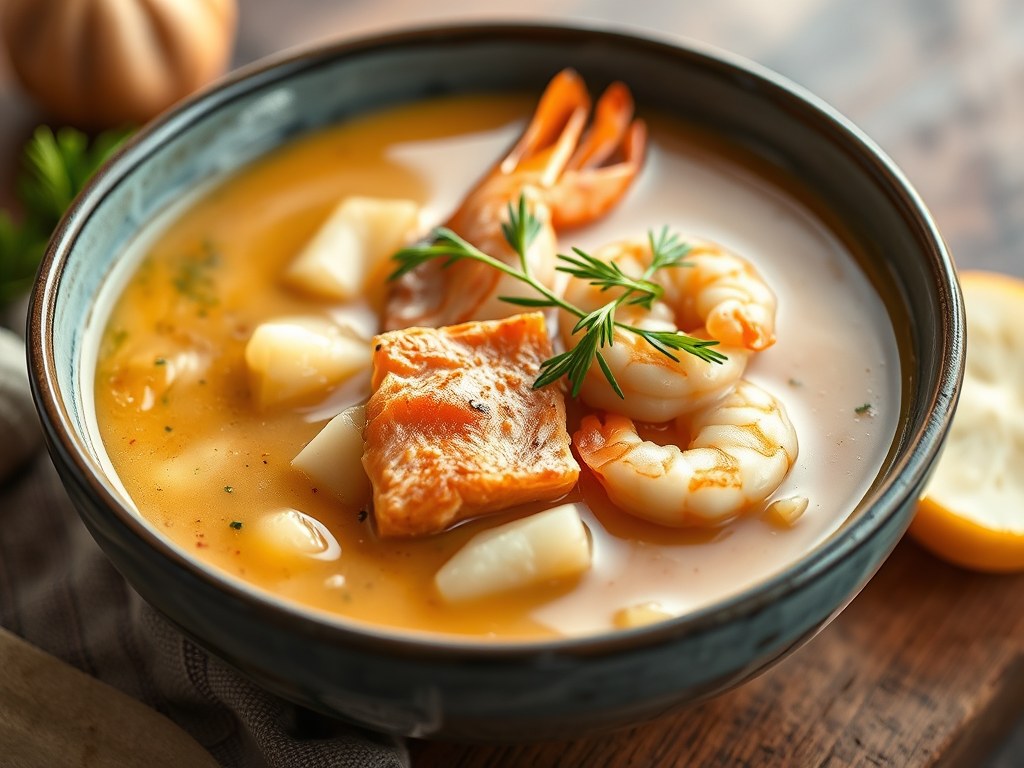 Aardappelsoep met zalm en Hollandse garnalen, AI-gegenereerde illustratie