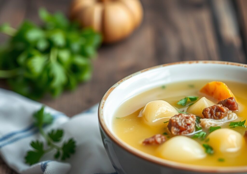 Aardappelsoep van bottenbouillon — AI-gegenereerde illustratie
