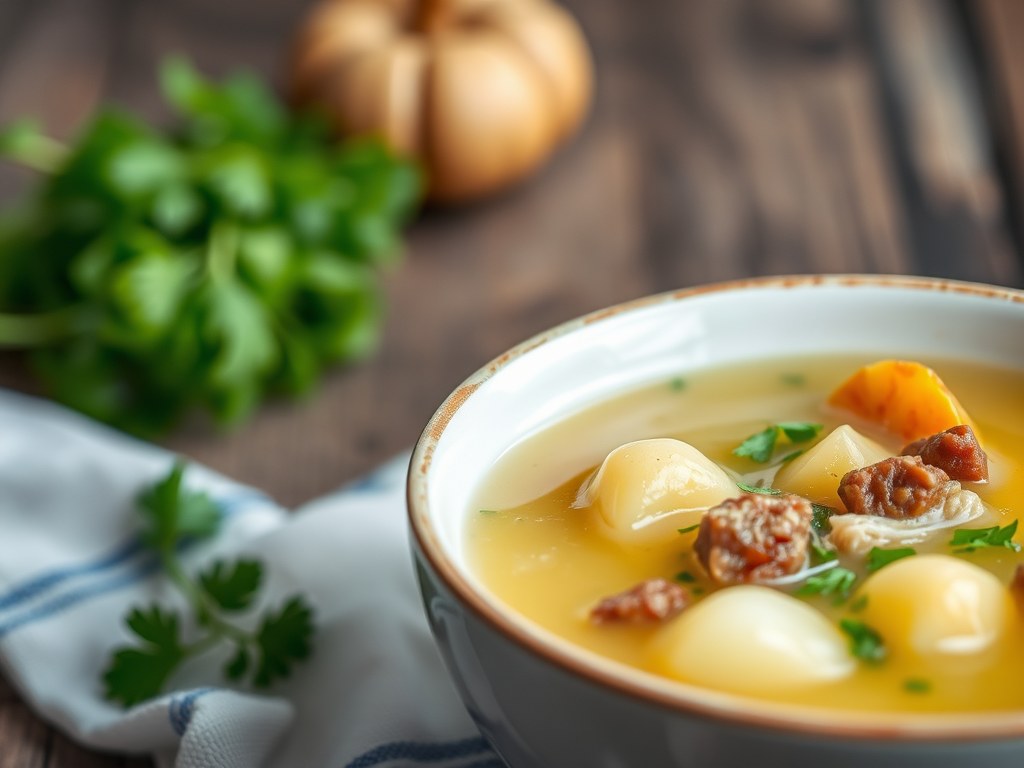 Aardappelsoep van bottenbouillon, AI-gegenereerde illustratie
