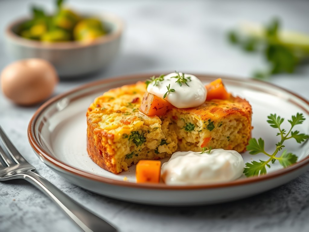 Aardappeltaart met zoete aardappels, prei, pesto en room, AI-gegenereerde illustratie