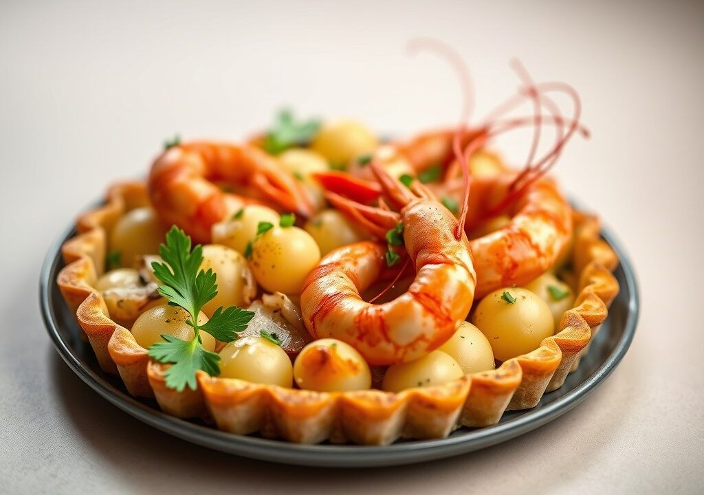 Aardappeltartaar met langoustines, AI-gegenereerde illustratie