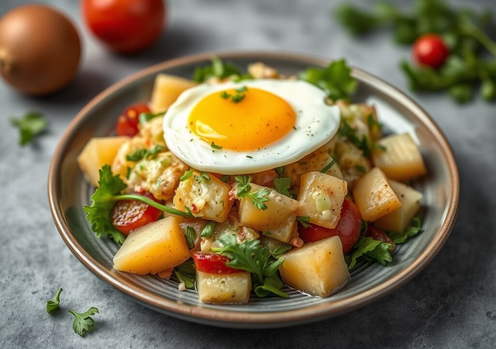 Aardappelterrine, salade en gepocheerd ei, AI-gegenereerde illustratie