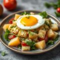 Aardappelterrine, salade en gepocheerd ei