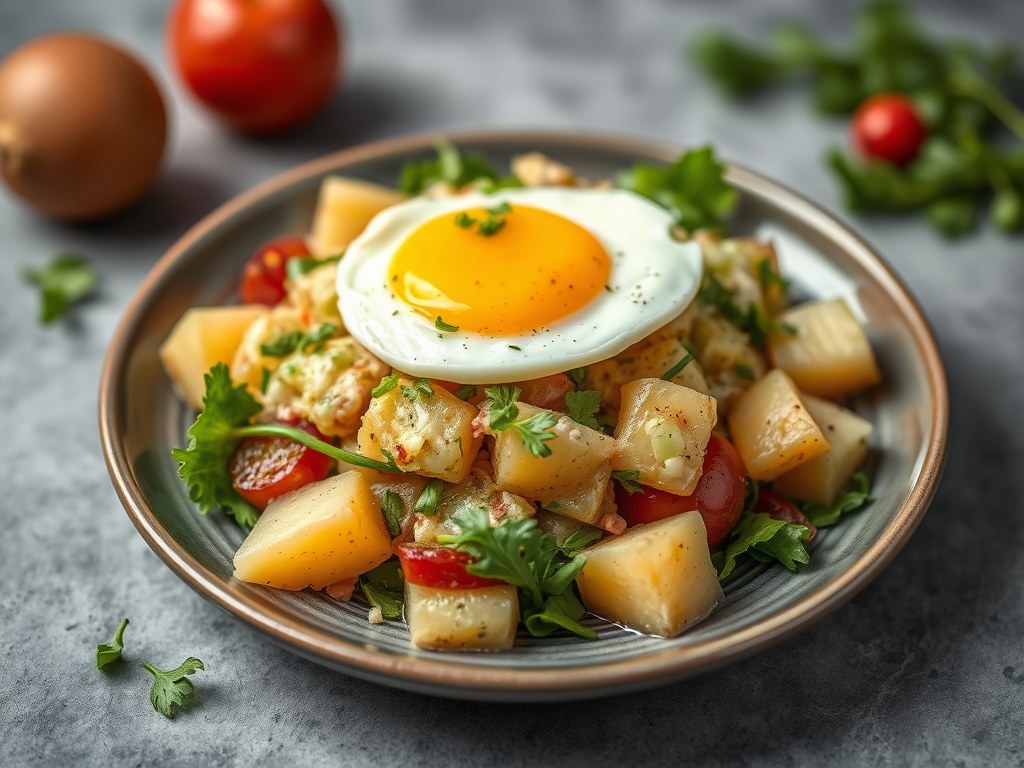 Aardappelterrine, salade en gepocheerd ei, AI-gegenereerde illustratie