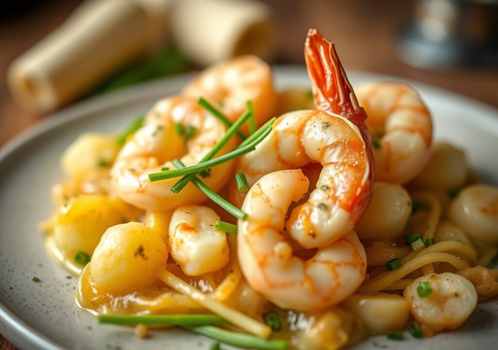 Aardappeltjes gevuld met grijze garnalen, AI-gegenereerde illustratie