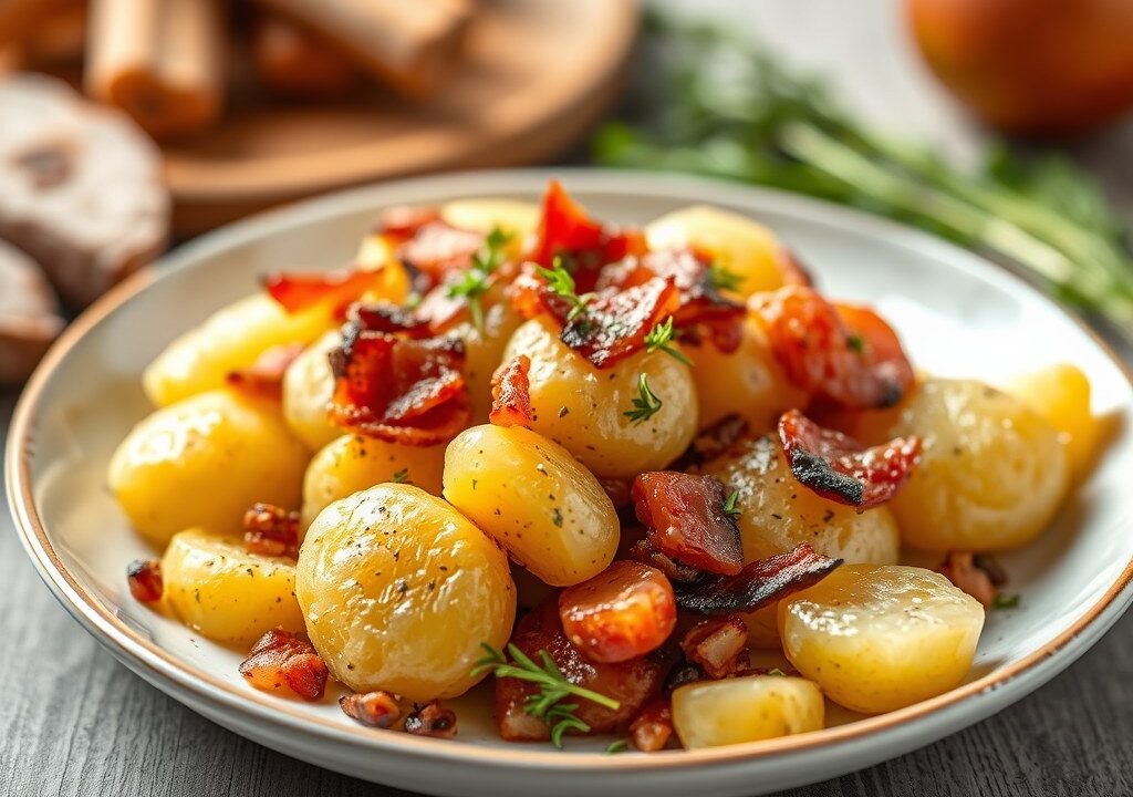 Aardappeltjes met spek en ui, AI-gegenereerde illustratie