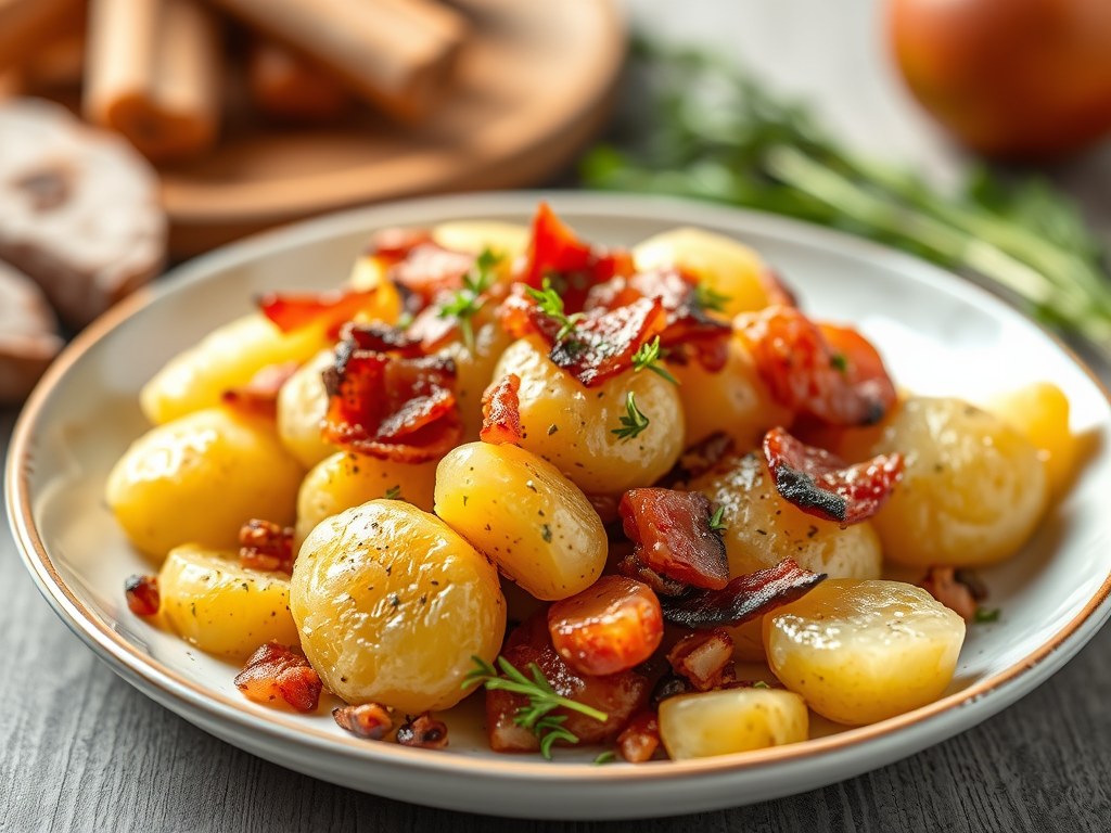 Aardappeltjes met spek en ui, AI-gegenereerde illustratie