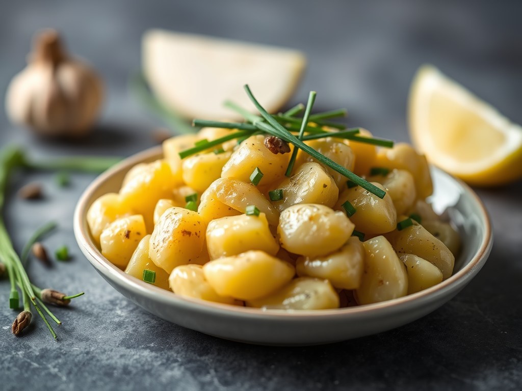 Aardappeltorentje met boerenkaas en bieslook, AI-gegenereerde illustratie