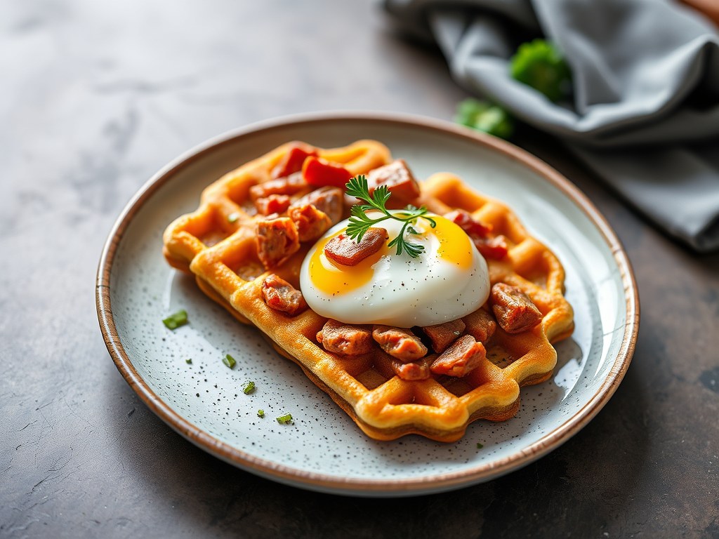 Aardappelwafels met chorizosalade, AI-gegenereerde illustratie