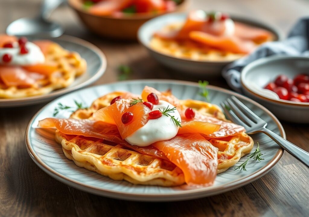 Aardappelwafeltjes met zalm, AI-gegenereerde illustratie