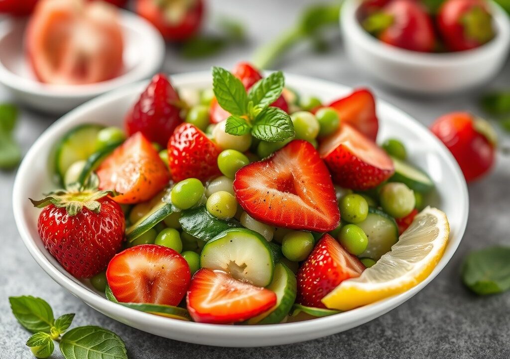 Aardbeien – Komkommersalade met Erwtenflan, AI-gegenereerde illustratie
