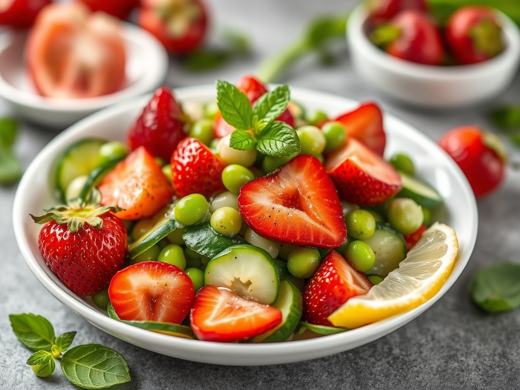 Aardbeien – Komkommersalade met Erwtenflan, AI-gegenereerde illustratie