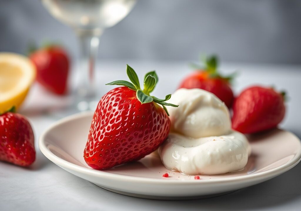 Aardbeien met Martini Fiero en mascarpone, AI-gegenereerde illustratie