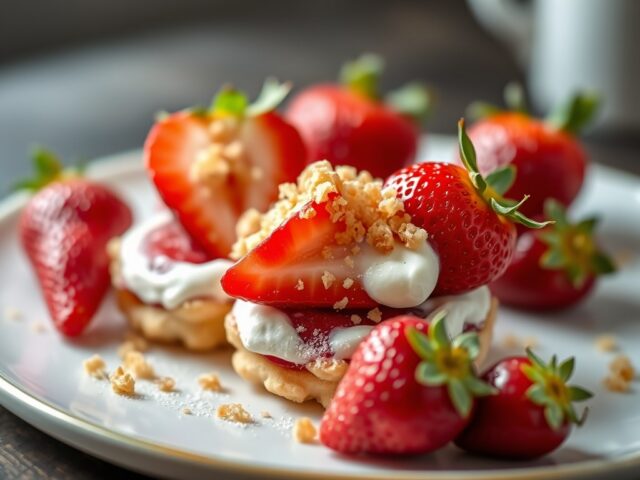 Aardbeien met roomwafeltjes en granité van aardbei — AI-gegenereerde illustratie
