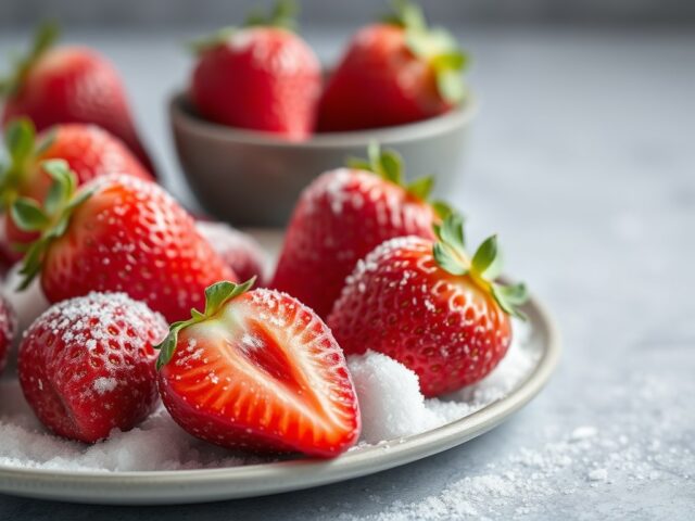 Aardbeien met suiker en azijn (opm) — AI-gegenereerde illustratie