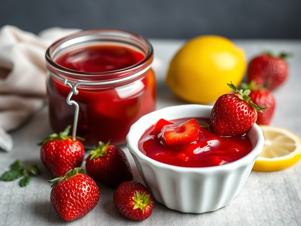 Aardbeiencompote/jam, AI-gegenereerde illustratie