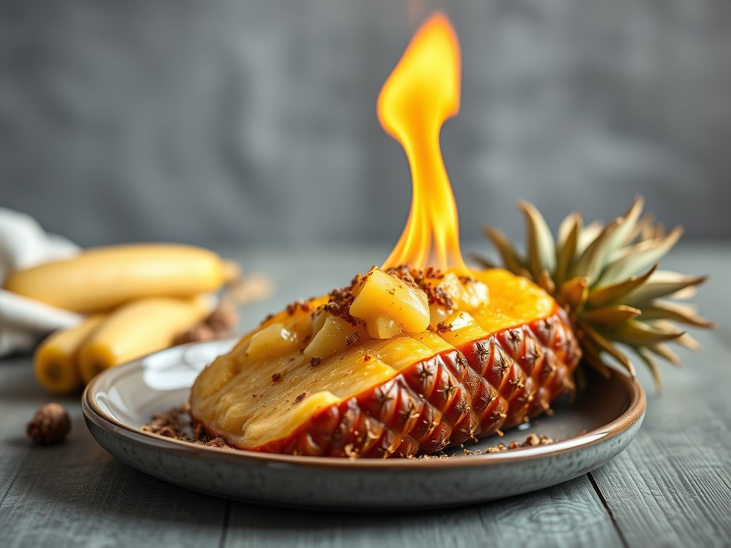 Ananas geflambeerd met wodka, speculaasijs, AI-gegenereerde illustratie