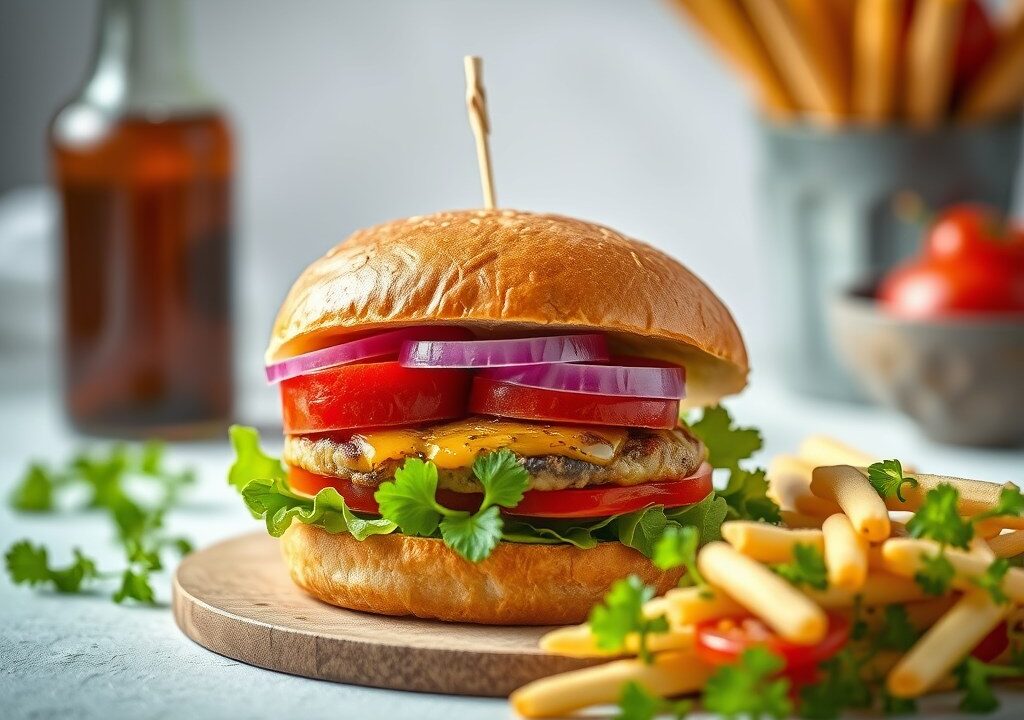 Ananasburger met varkenshaasje, AI-gegenereerde illustratie
