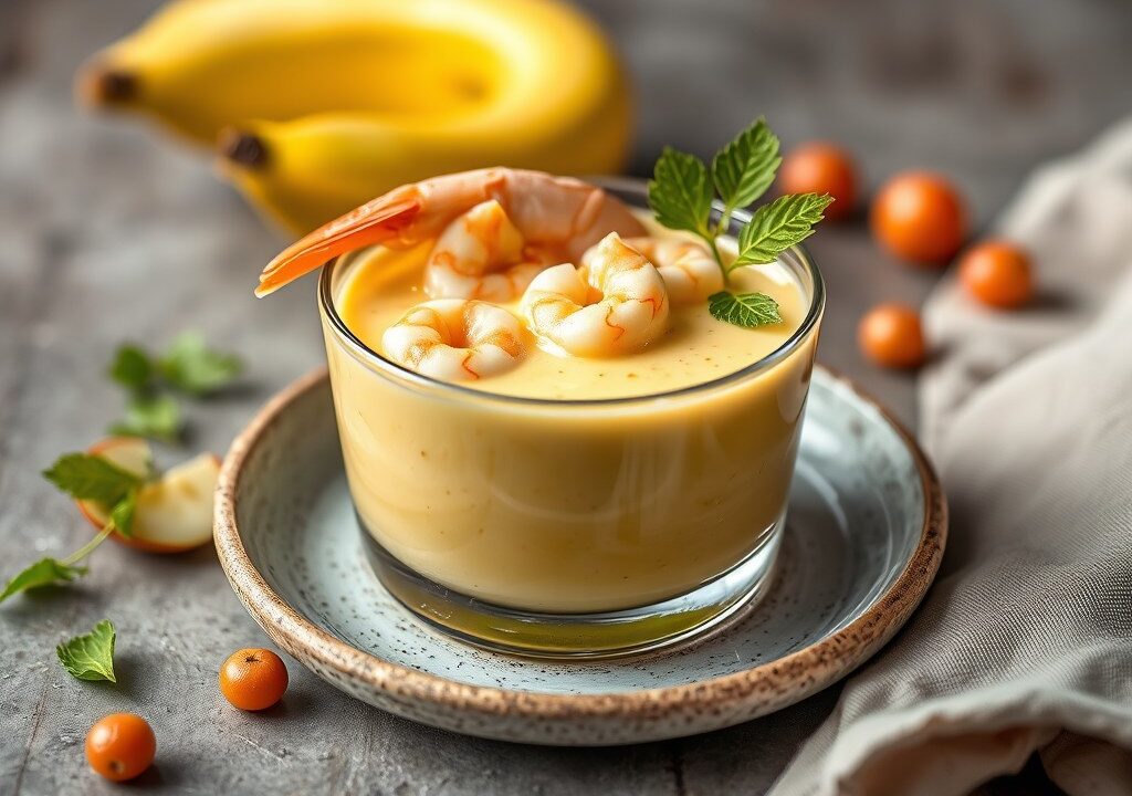 Ananasvelouté met garnalen, AI-gegenereerde illustratie