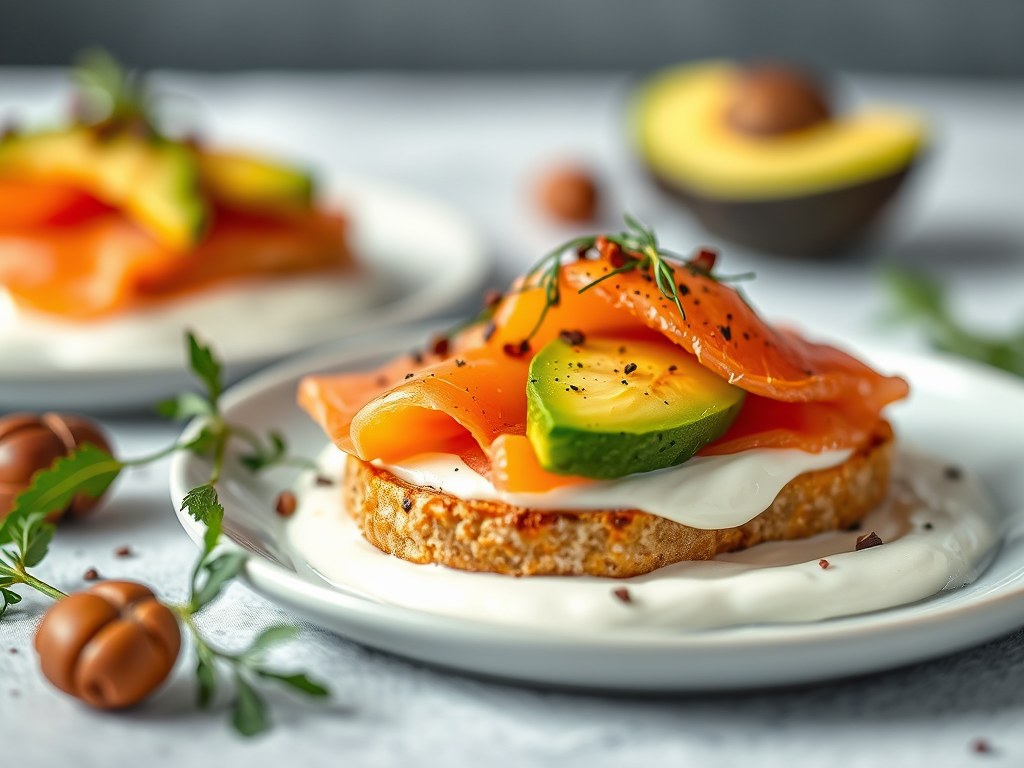 Aperitiefglaasje Petrus met zalm en avocado op een bedje van room en een toets van hazelnoot, AI-gegenereerde illustratie