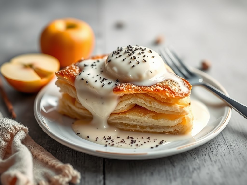 Apfelstrudel met Vanillesaus (Lactosevrij), AI-gegenereerde illustratie