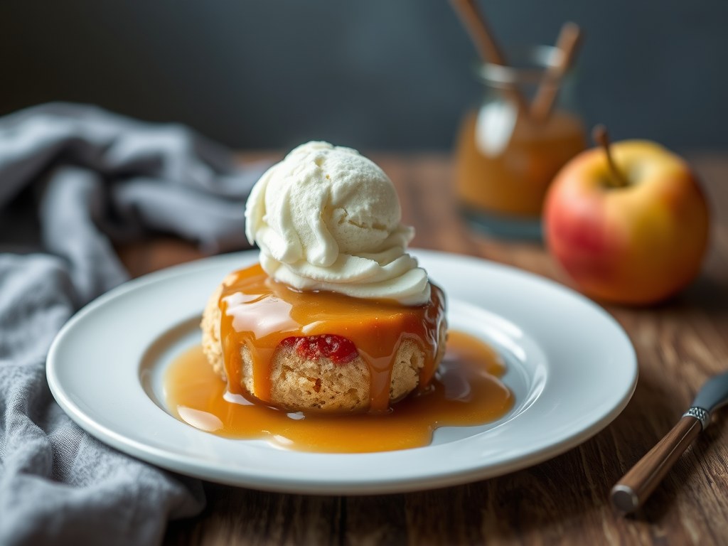 Appel kruimel met room en caramel ijs, AI-gegenereerde illustratie