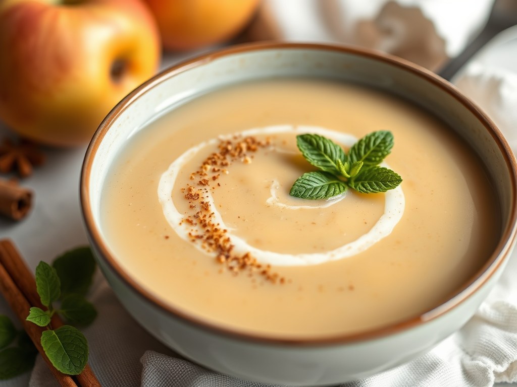 Appelsoep met kaneel en verse munt, AI-gegenereerde illustratie