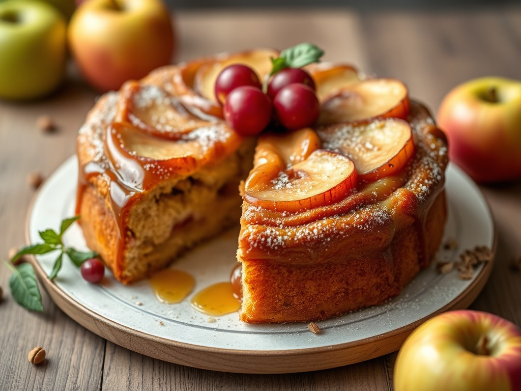 Appeltaart met amandel en pistache, AI-gegenereerde illustratie