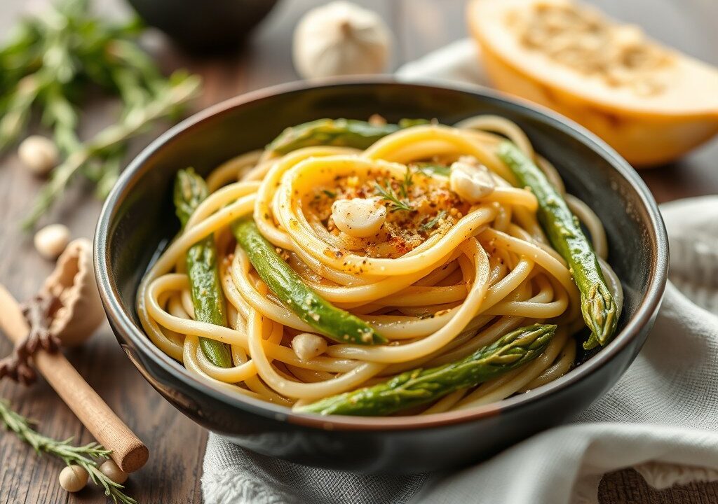 Asperges en Doperwtjes met Pasta, AI-gegenereerde illustratie