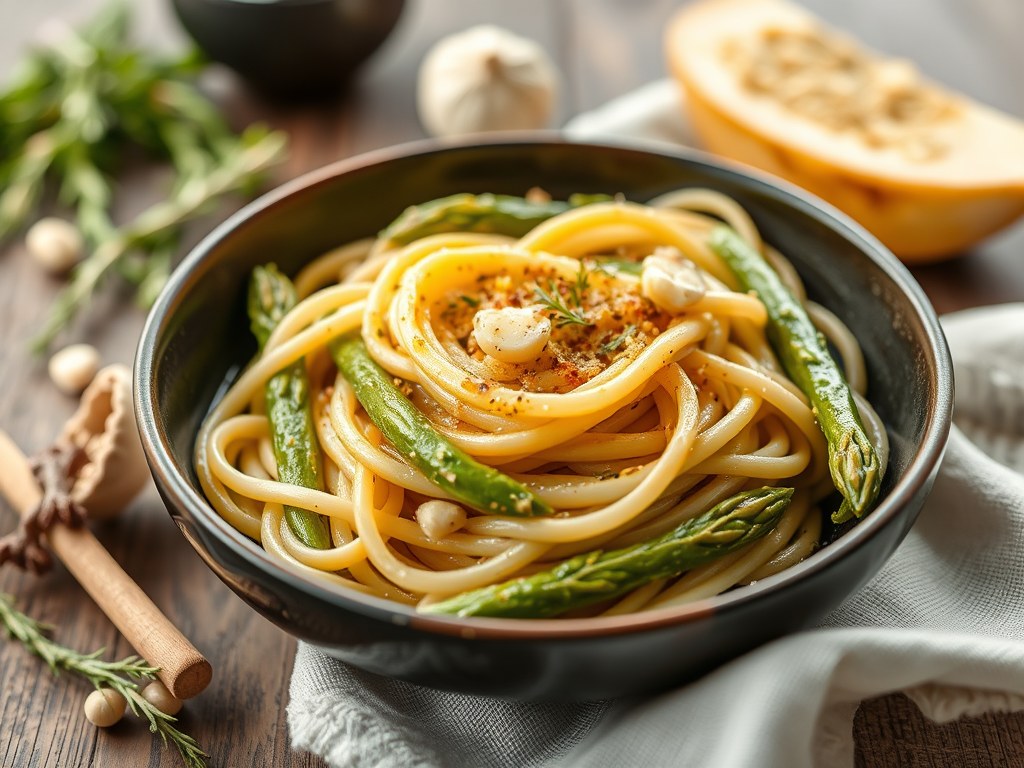 Asperges en Doperwtjes met Pasta, AI-gegenereerde illustratie