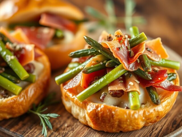 Asperges en Pancetta met Vinaigrette op Brioches — AI-gegenereerde illustratie