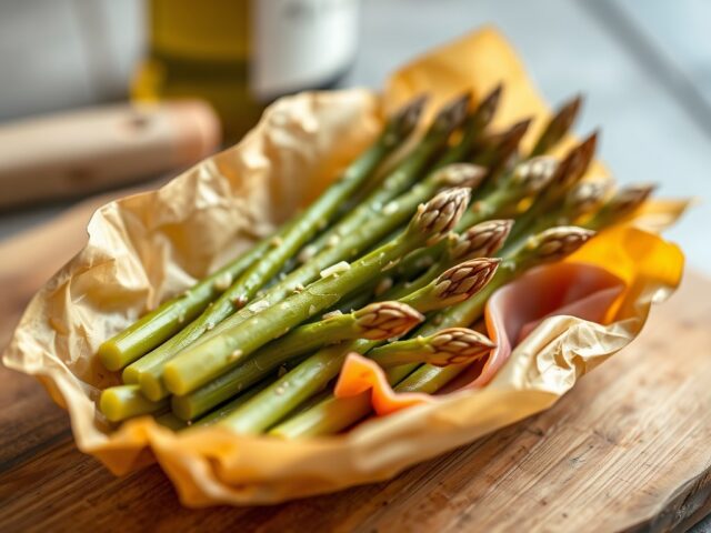 Asperges in papillot met gerookte ham — AI-gegenereerde illustratie