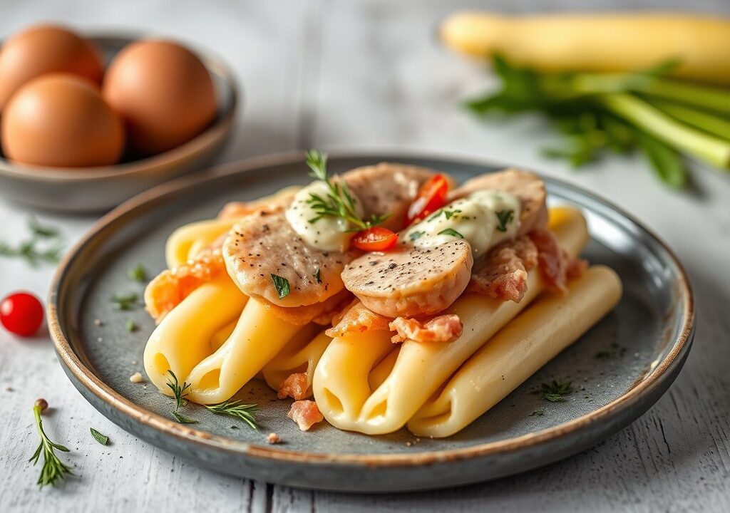 Asperges met beenham en gepocheerd ei — AI-gegenereerde illustratie