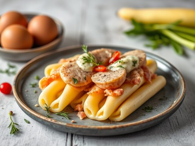 Asperges met beenham en gepocheerd ei — AI-gegenereerde illustratie