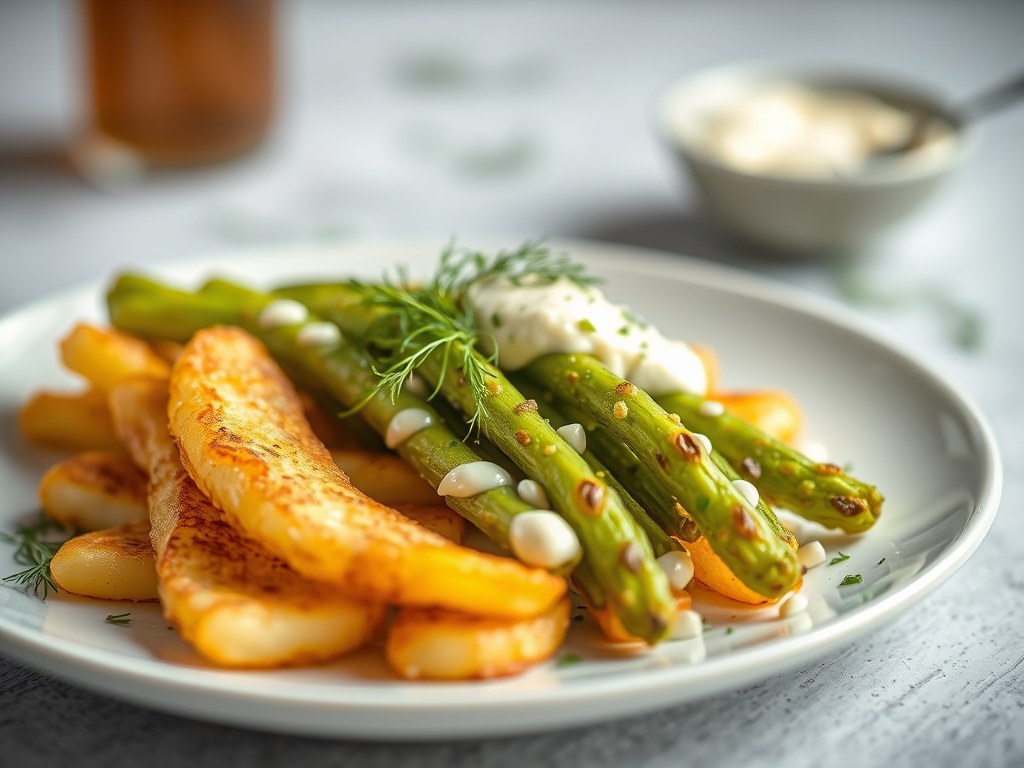 Asperges met dille, rosbief en gebakken nieuwe krielaardappeltjes, AI-gegenereerde illustratie