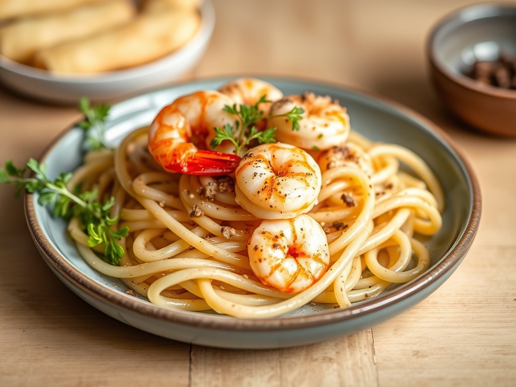 Asperges met garnalen en zeekraal, AI-gegenereerde illustratie