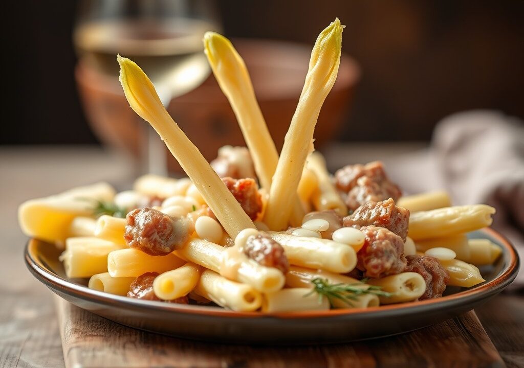 Asperges met Kervelsaus en Lamshaas — AI-gegenereerde illustratie