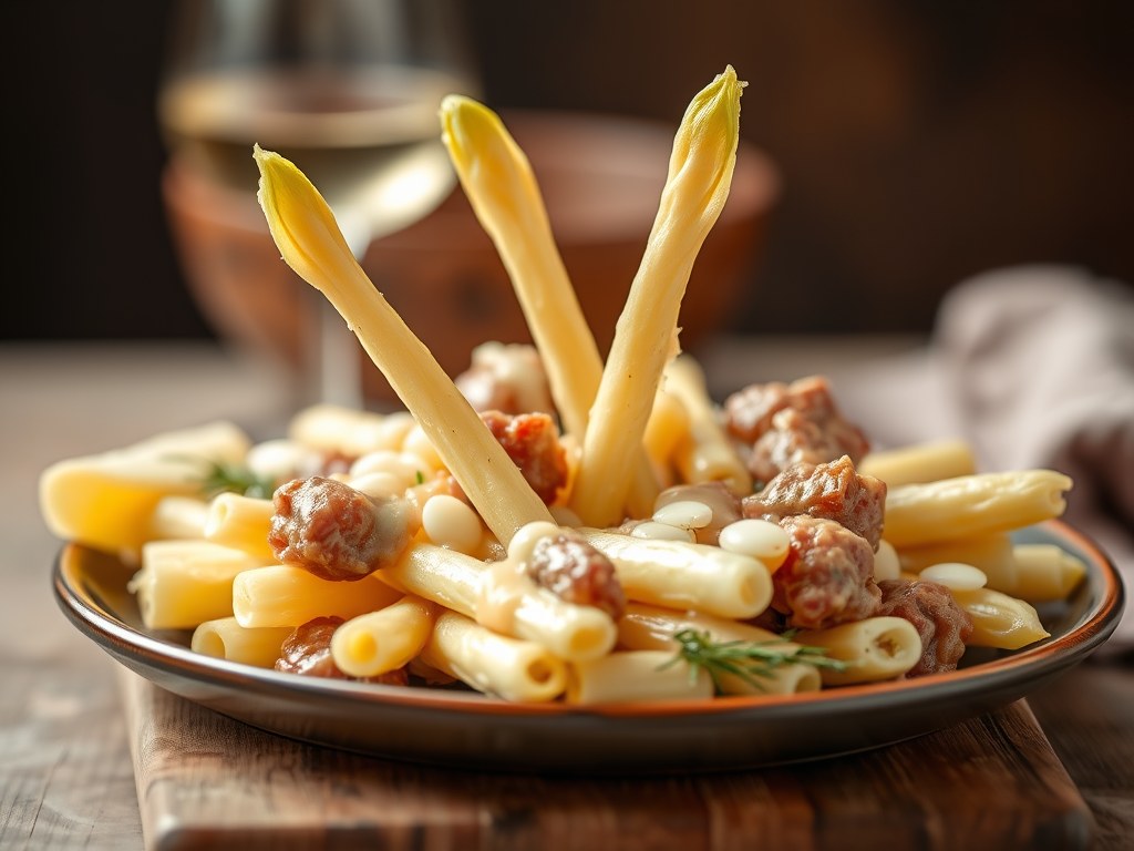 Asperges met Kervelsaus en Lamshaas, AI-gegenereerde illustratie