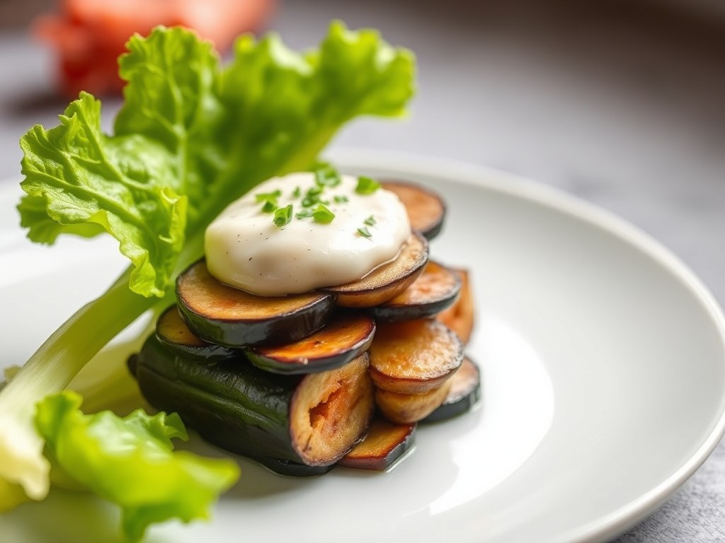 Asperges met kippenvleugeltjes, sla en augerginecreme, AI-gegenereerde illustratie