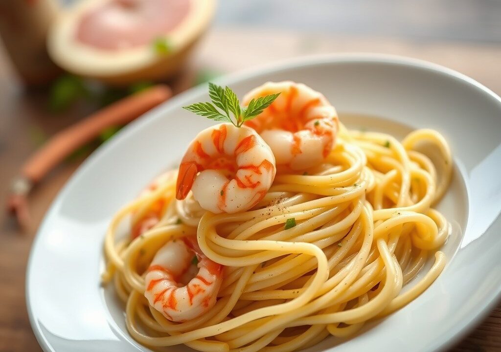 Asperges met tagliatelle en garnalen — AI-gegenereerde illustratie
