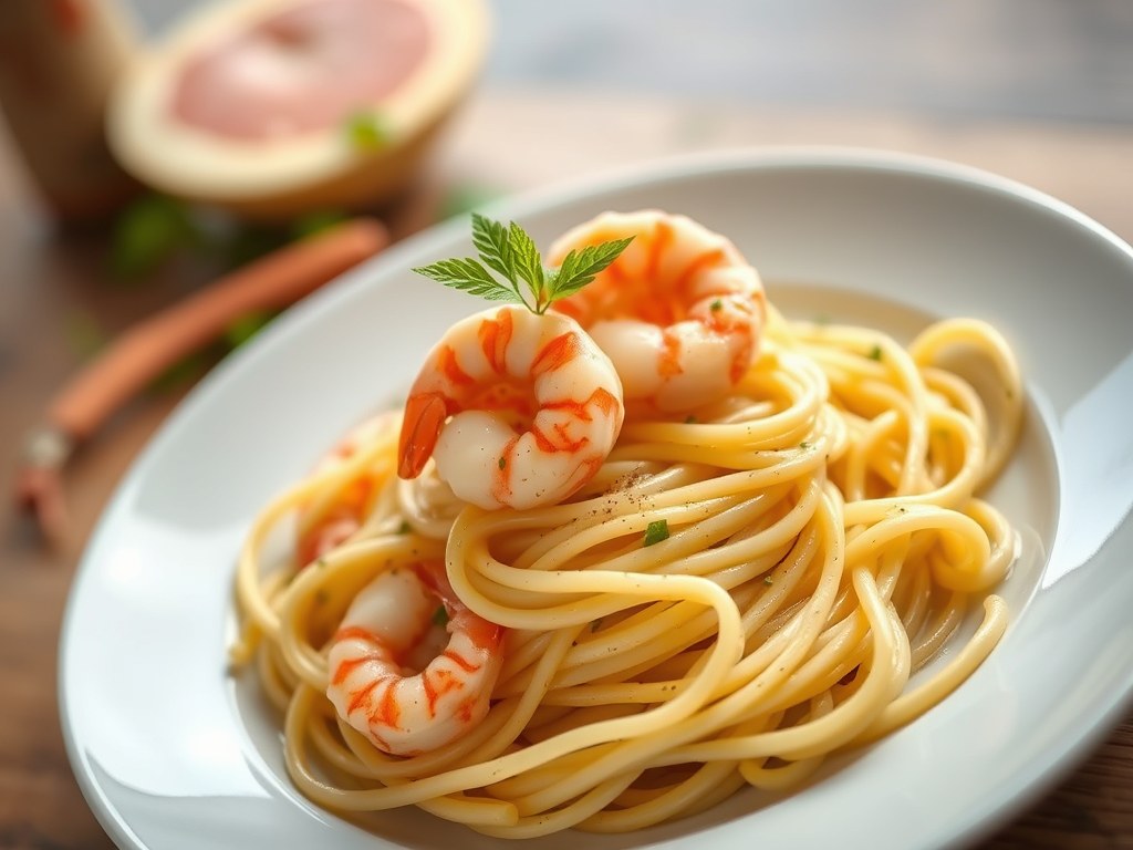 Asperges met tagliatelle en garnalen, AI-gegenereerde illustratie