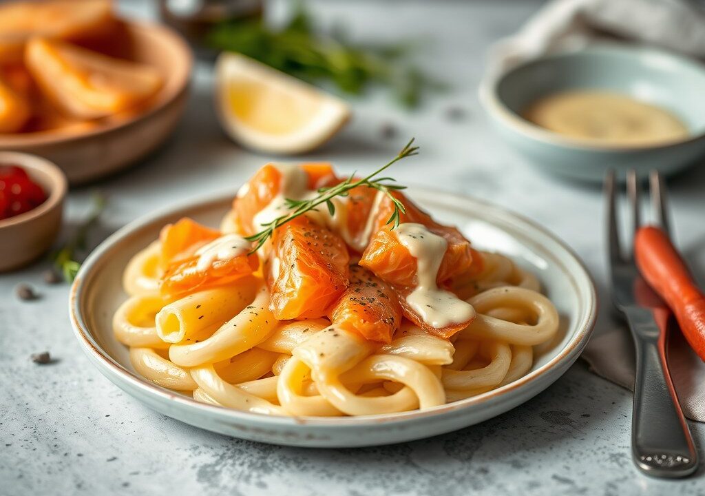 Asperges met zalm en dijonnaisesaus — AI-gegenereerde illustratie