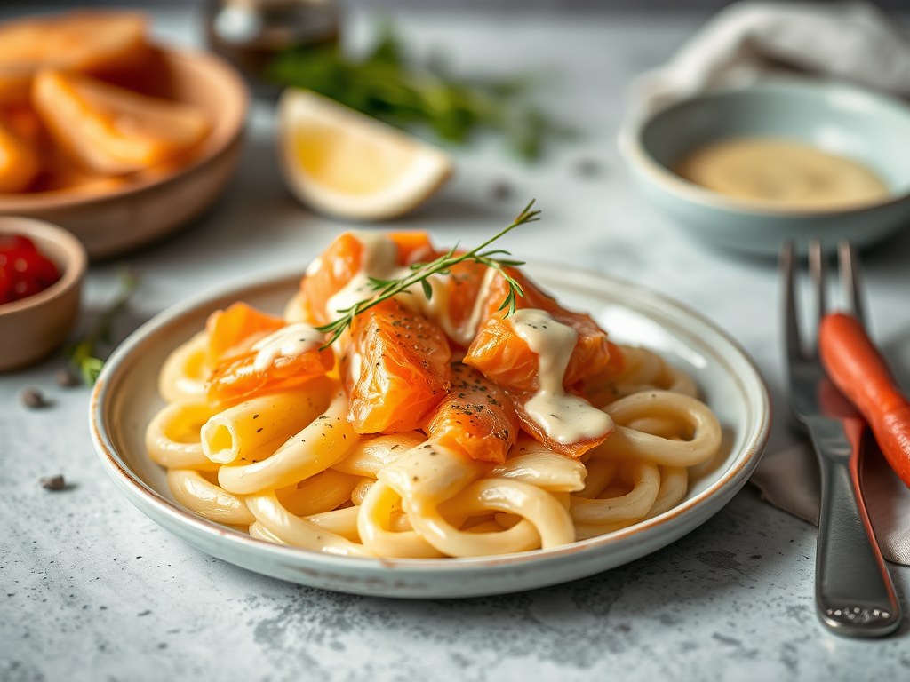 Asperges met zalm en dijonnaisesaus, AI-gegenereerde illustratie