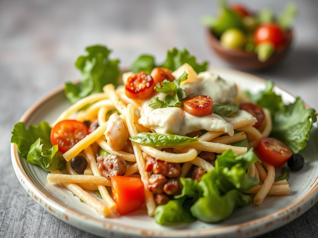 Aspergesalade met varkensgebraad, AI-gegenereerde illustratie