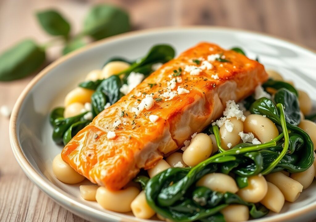 Atlantische zalm spinazie en gnocchi schotel — AI-gegenereerde illustratie