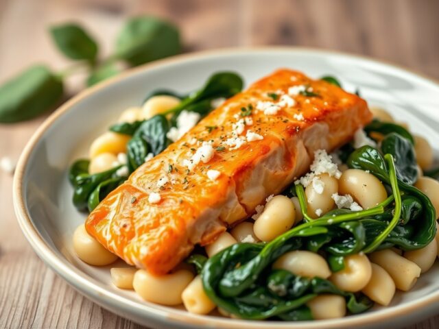 Atlantische zalm spinazie en gnocchi schotel — AI-gegenereerde illustratie